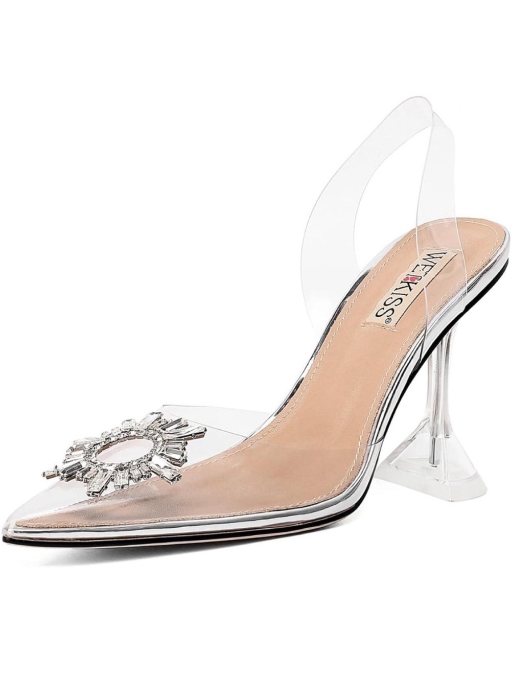 Wet Kiss clear sling back heels - Nude/Silver, size 7